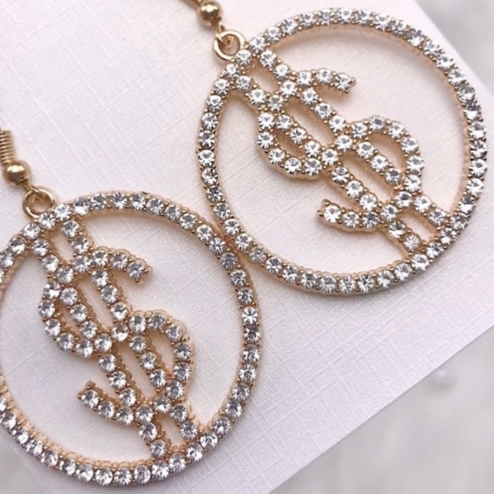 Bling Money Sign Rhinestone Diamond Silver Earrings - Picture 5 of 5